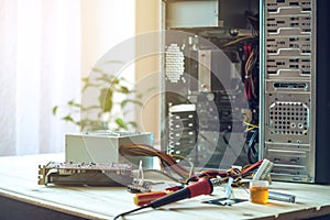 The workplace of the repairman of computers in the office