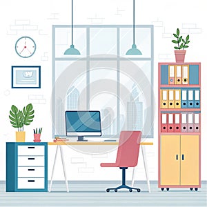Workplace room, modern Interior, cabinet. Office with computer. Colorful vector illustration in flat cartoon style