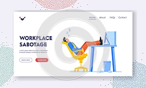 Workplace Sabotage Landing Page Template. Tired Overworked Worker, Business Character Sleep with Legs Lying on Desk