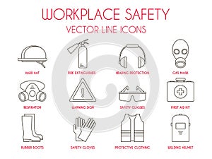 Workplace safety and personal protective equipment thin line icons set