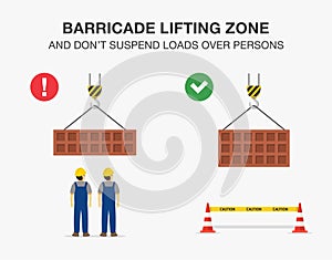 Workplace safety rule for lifting operations. Barricade lifting zone and do not suspend loads over persons.