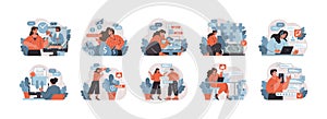 Workplace scenarios set. A collection of illustrations depicting professionals
