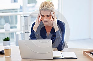 Workplace stress, business woman with headache at desk and reading email on laptop in London office. Receptionist