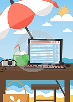 Workplace on summer tropical beach vector flat illustration