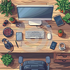 Workplace at table home or office, computer monitor keyboard on wooden table, cartoon background scene vector