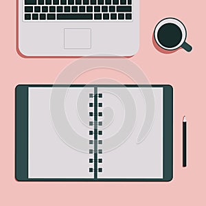 Workplace vector illustration. Top view. Notepad, notes. Notebook, laptop, headphones, pencil, cup. Pink background. Vector