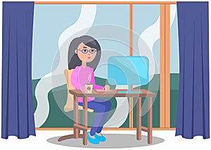 Workplace of woman with digital pc. Female office worker sitting at table with modern device