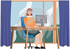 Workplace of woman with digital pc. Female office worker sitting at table with modern device