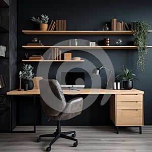 Workplace with wooden desk and black chair against of black wall with shelving unit. Interior of modern Scandinavian home office