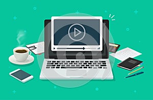 Workplace and working on laptop watching video player, concept of webinar, business online training, education on