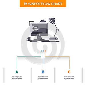 workplace, workstation, office, lamp, computer Business Flow Chart Design with 3 Steps. Glyph Icon For Presentation Background