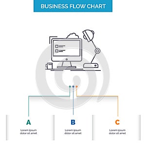 workplace, workstation, office, lamp, computer Business Flow Chart Design with 3 Steps. Line Icon For Presentation Background