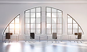 Workplaces in a bright modern open space loft office. White tables and black chairs. New York city view. 3D rendering.