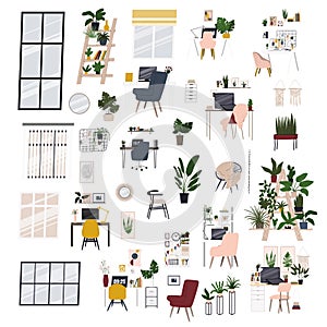 Workplaces at home. Home office doodle illustrations. Tables, chairs, lamps, books, organizers, mood boards, indoor plants etc.