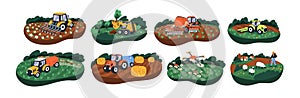 Works at agriculture field, farm, pasture set. Tractors, machines harvesting crops of farmlands. Cultivation of agro