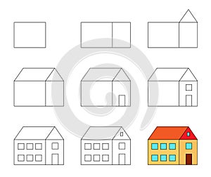 Worksheet easy guide to drawing big house. Simple step by step drawing tutorial for little children