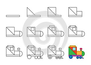 Worksheet easy guide to drawing cartoon locomotive. Simple step-by-step drawing tutorial for kids