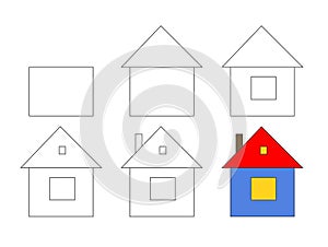 Worksheet easy guide to drawing house. Simple step-by-step drawing tutorial for little kids