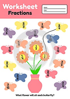 Worksheet fractions for kids. Math game for prechool and school children. A4. Flowers and butterflies.