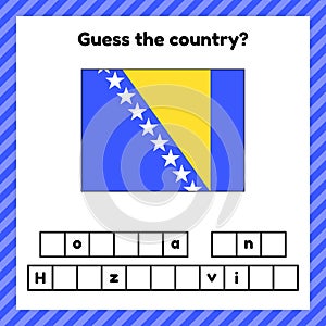 Worksheet on geography for preschool and school kids. Crossword. Bosnia and Herzegovina flag. Cuess the country