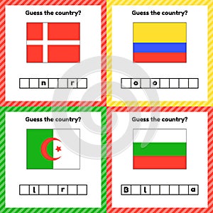 Worksheet on geography for preschool and school kids. Crossword. Set Denmark, Algeria, Colombia, Bulgaria flags. Cuess