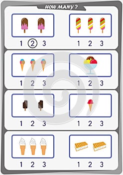 Worksheet for kids, Count the number of objects, Learn the numbers 1, 2, 3,