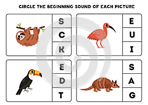 Worksheet for kids. Find the beginning sound of cute South American animals.