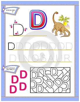 Worksheet for kids with letter D for study English alphabet. Logic puzzle game. Developing children skills for writing and reading