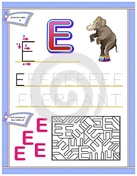 Worksheet for kids with letter E for study English alphabet. Logic puzzle game. Developing children skills for writing and reading