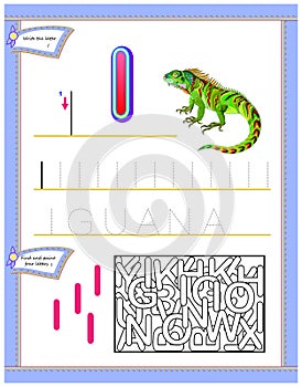 Worksheet for kids with letter I for study English alphabet. Logic puzzle game. Developing children skills for writing and reading