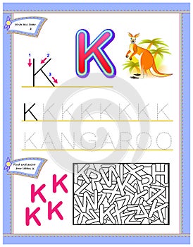 Worksheet for kids with letter K for study English alphabet. Logic puzzle game. Developing children skills for writing and reading