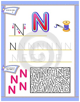 Worksheet for kids with letter N for study English alphabet. Logic puzzle game. Developing children skills for writing and reading