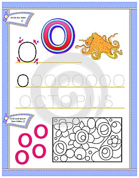 Worksheet for kids with letter O for study English alphabet. Logic puzzle game. Developing children skills for writing and reading