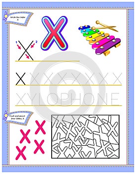 Worksheet for kids with letter X for study English alphabet. Logic puzzle game. Developing children skills for writing and reading