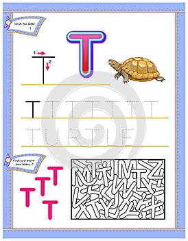 Worksheet for kids with letter T for study English alphabet. Logic puzzle game. Developing children skills for writing and reading