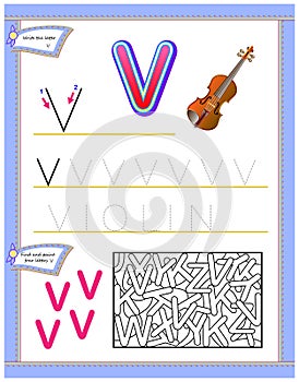 Worksheet for kids with letter V for study English alphabet. Logic puzzle game. Developing children skills for writing and reading