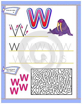 Worksheet for kids with letter W for study English alphabet. Logic puzzle game. Developing children skills for writing and reading