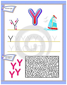Worksheet for kids with letter Y for study English alphabet. Logic puzzle game. Developing children skills for writing and reading