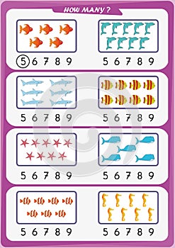 Worksheet for kindergarten kids, Count the number of objects, Learn the numbers 1, 2, 3, 4, 5, 6, 7 8 9