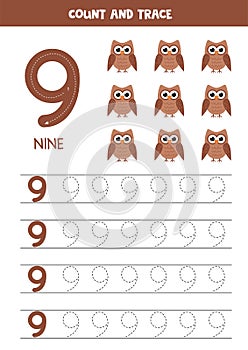 Worksheet for learning numbers with cute owls. Number nine