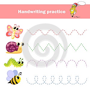 Worksheet for practicing fine kids motor skills. Handwriting practice. Educational game for kids. Insects. Butterfly, bee, snail,