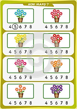 Worksheet for kindergarten kids, Count the number of objects, Learn the numbers 1, 2, 3, 4, 5, 6, 7 photo