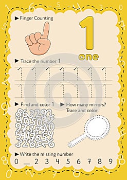 Worksheets for learning numbers. Learning and activity for kids. Number 1. One.