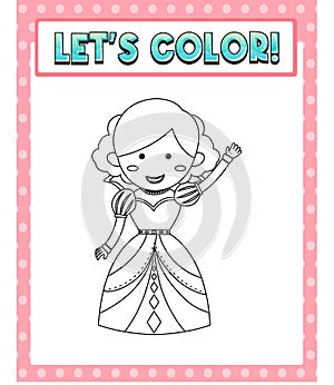 Worksheets template with letâ€™s color!! text and princess outline