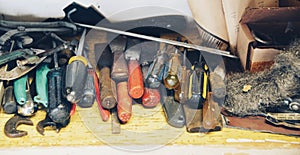 Workshop bench with an organized row of hand tools.