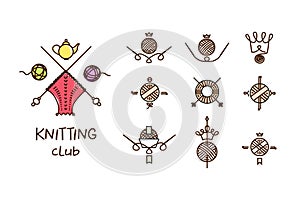 Workshop, course, master class vector template logo, badge, label. I love to knit together. Line set of knitting and craft. Knit