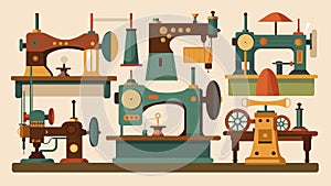 A workshop display featuring a variety of antique sewing machines from the heavyduty to the delicate.. Vector photo