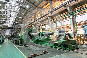 Workshop factory interior with machines, industrial lathes and steel manufacturing processing metal production