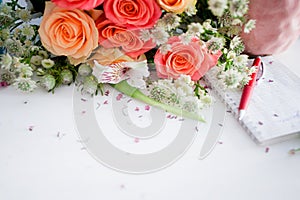 Workshop florist, table with flowers, still life. Soft focus