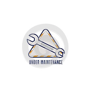 Workshop garage logo icon symbol sign with wrench, under maintenance logo icon with wrench fixer illustration on triangle emblem